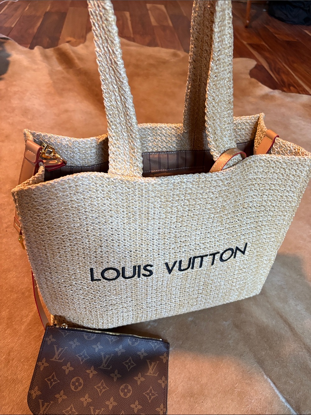 Straw Tote with Brown Monogram Pouch